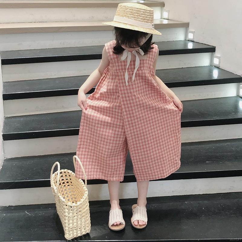 Bộ áo liền quần hai dây sọc ca rô phong cách Hàn Quốc cho bé gái từ 3-8 tuổi