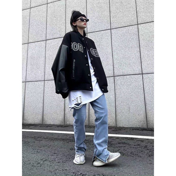 Áo Khoác Nam Nữ, Áo Bomber FORGET Dáng Sport Nỉ Phối Tay Da