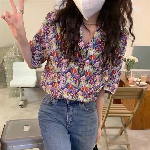 SUXI Áo Sơ Mi Ngắn Tay Họa Tiết Hoa Phong Cách Vintage Cho Nữ