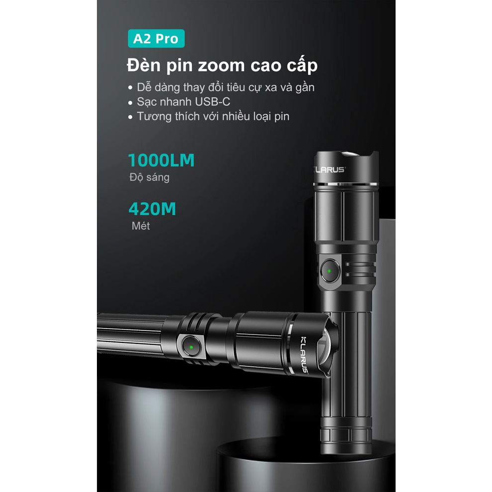 Đèn pin zoom KLARUS A2 PRO độ sáng 1450 lumen chiếu xa 420m cổng sạc USB-C pin 21700 4000mAh kèm theo