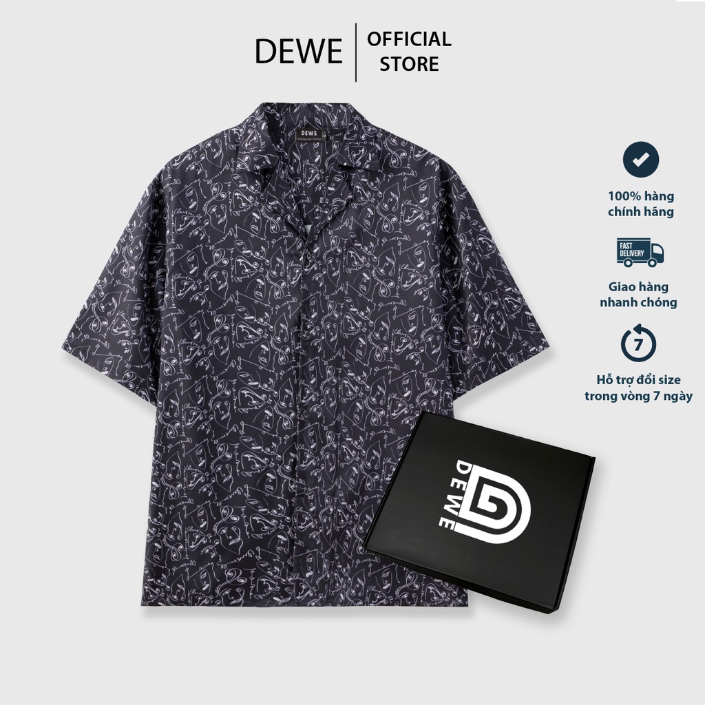 Áo sơ mi nam ngắn tay DEWE, vải lụa nhập khẩu chống nhăn thoáng mát,họa tiết Chữ Trắng - DEWE Cuban Shirt