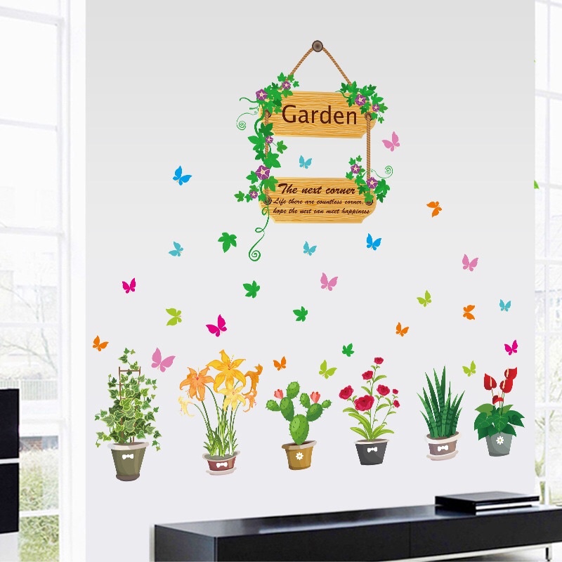 Decal dán tường khu vườn chậu cây xanh.