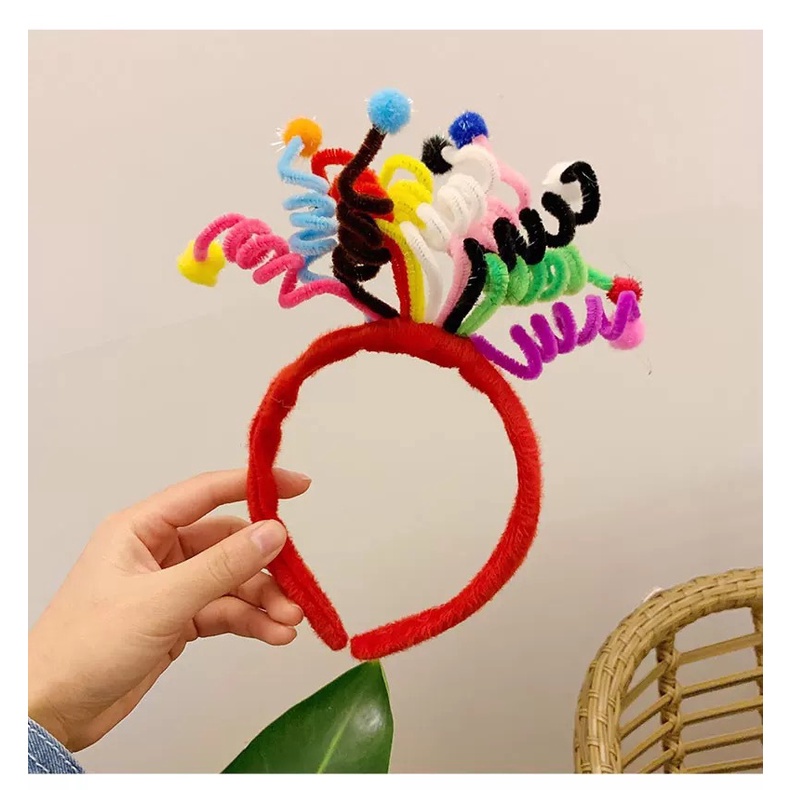 Băng đô cài tóc đỏ đính quả bóng lông lò xo nhiều màu sắc thời trang mùa hè đáng yêu