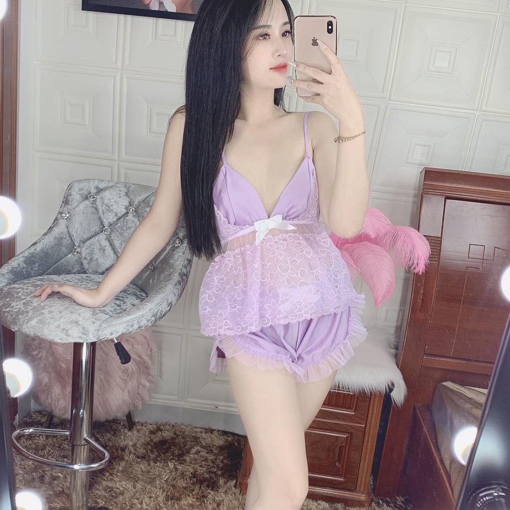 Đồ ngủ sexy đồ ngủ 2 dây chất satin phối ren kèm mút mềm mịn xinh xắn Freesize - Linqu Sleepwear