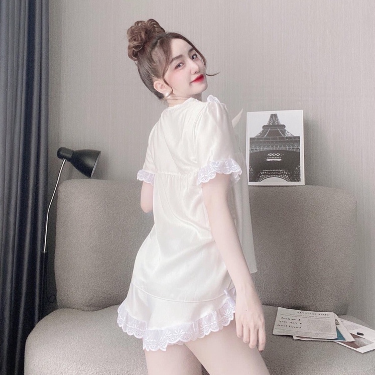 Đồ ngủ nữ,đồ bộ mặc nhà phong cách tiểu thư dễ thương MOMISA06 chất lụa satin phối ren bèo mềm mịn | BigBuy360 - bigbuy360.vn