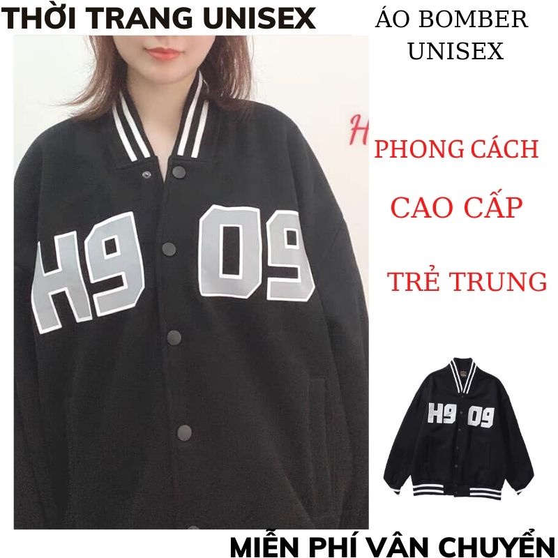 Áo Bomber UNISEX in chữ H909 ,  Cổ Có Cúc Bấm Chất Liệu dù 2 lơp Chất Đẹp nữ hàn quôc XMTC2