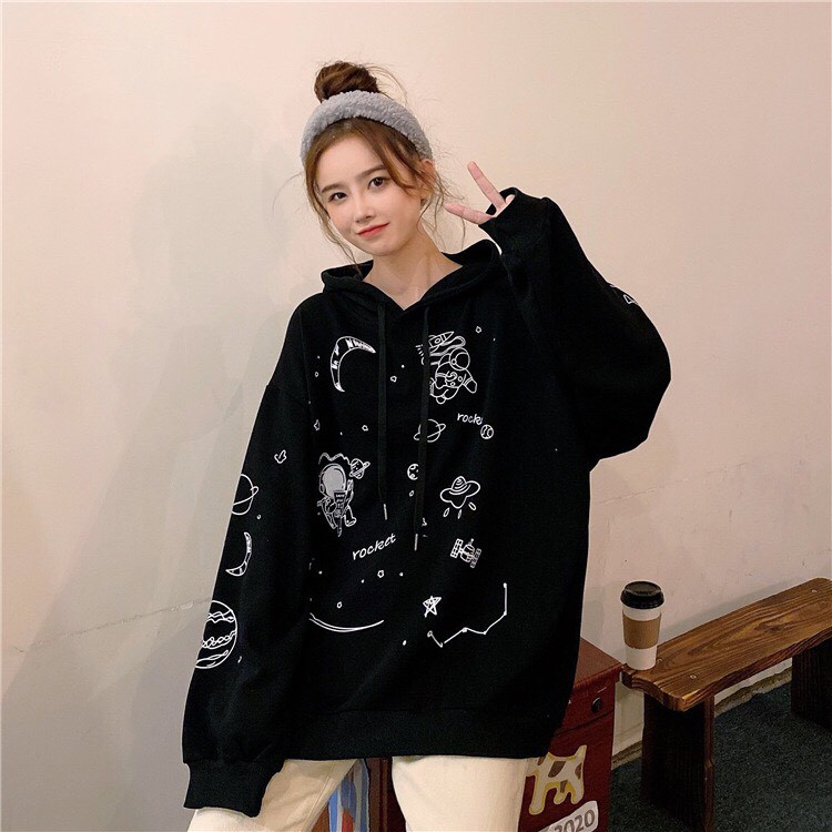 Áo nỉ unisex nữ họa tiết ngoài hành tinh dáng rộng thời trang hàn quốc/ Áo hoodie chui đầu có mũ dáng thụng ulzzang