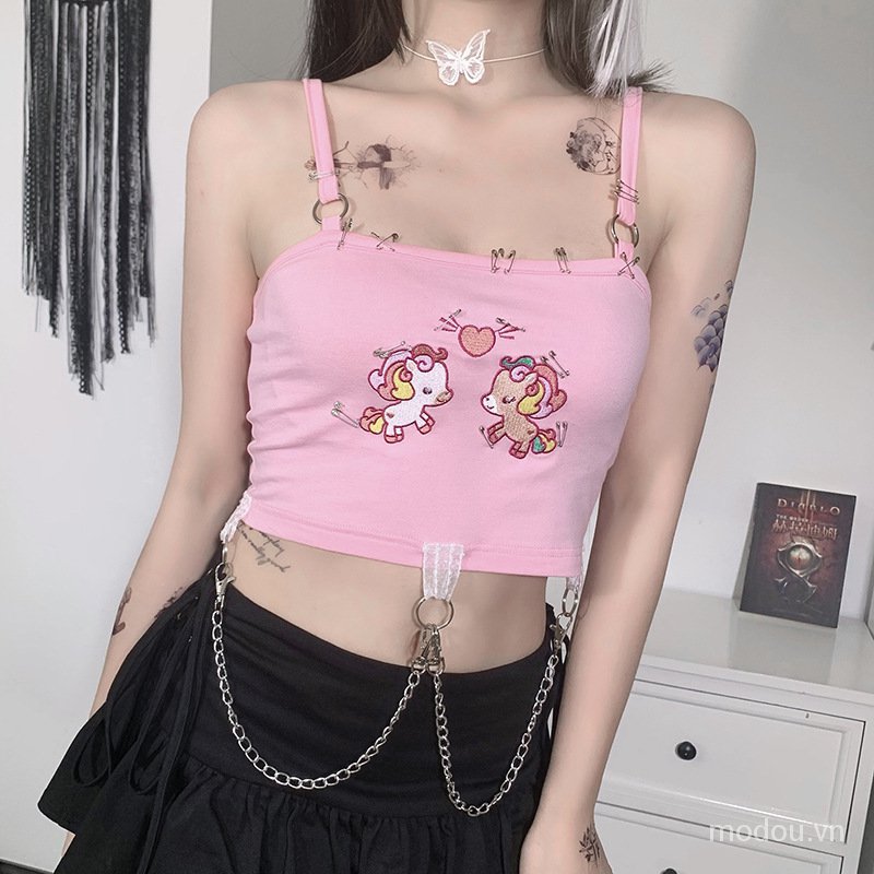 Áo Croptop Thêu Họa Tiết Hoạt Hình Xinh Xắn Dành Cho Nữ