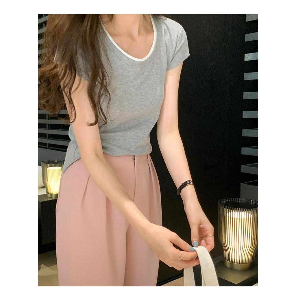 Áo Thun Ôm Cổ Chữ U Tay Ngắn Màu Sắc Tương Phản 63743