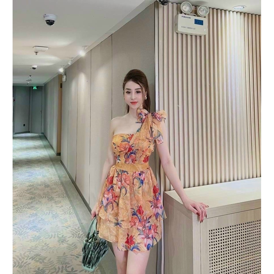 Đầm Nữ Thời Trang Mặc Đi Tiệc, Đầm Voan Hoa Lệch Vai Thắt Nơ Trên Váy Xếp Ly 2 Tầng Có Mút Cao Cấp