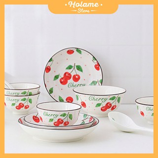 Bát đĩa, bát đĩa sứ họa tiết Cherry lá xanh phong cách Hàn Quốc - Dùng cho bàn ăn và decor