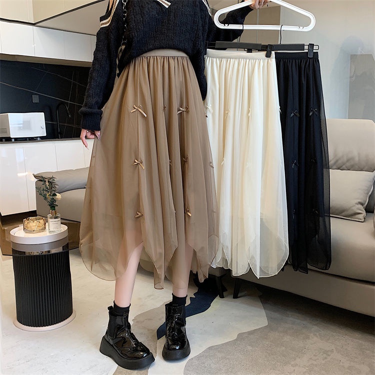 Chân Váy Chữ A Lưng Cao Phối Lưới Và Nơ Xinh Xắn Dễ Phối Đồ