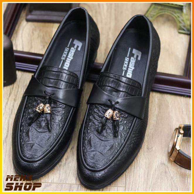 Giày Lười Nam Da Lì Dập Vân Cá Sấu Chuông Vàng