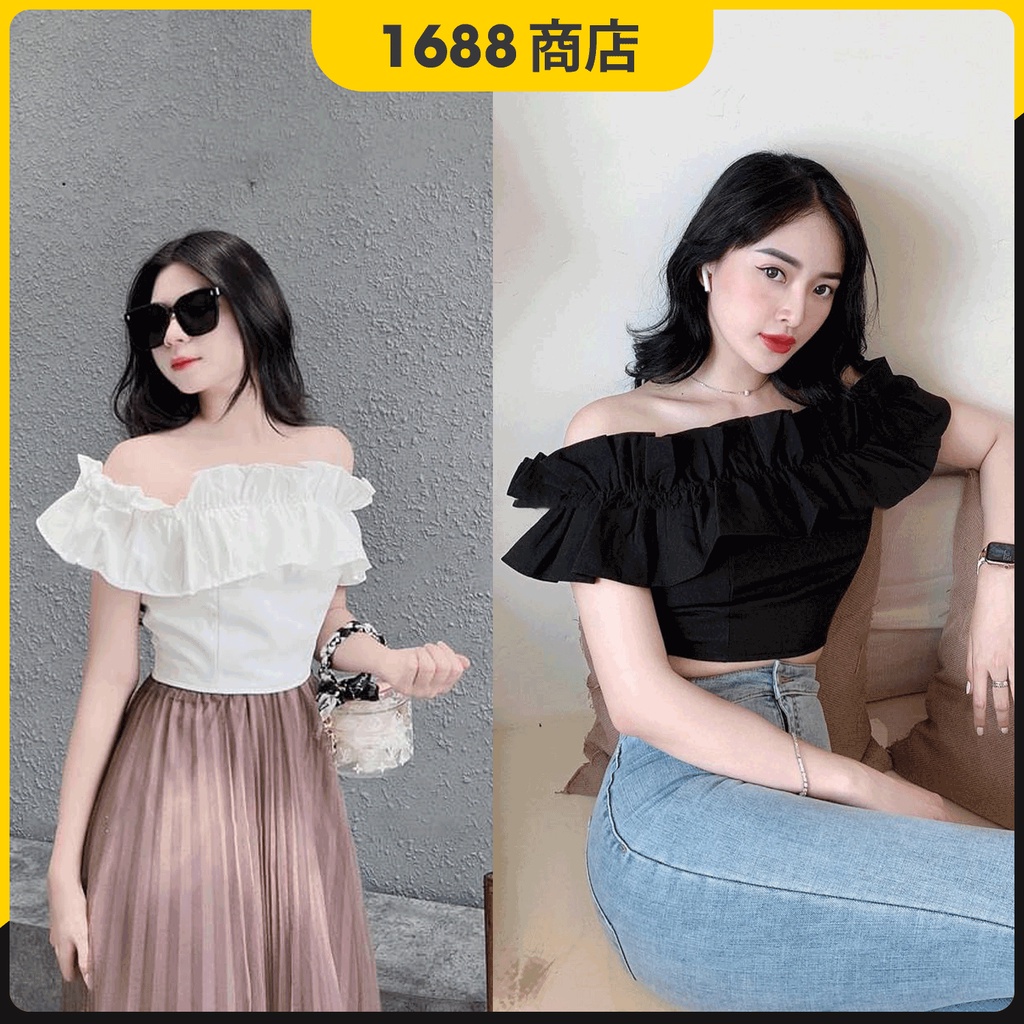 Áo croptop trễ vai nhún bèo, hàng thiết kế cao cấp