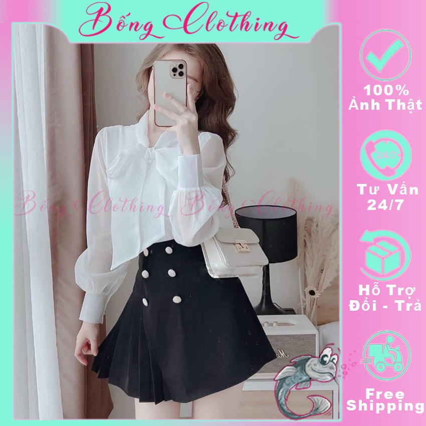 Áo sơ mi tay bồng cổ nơ khuy ngọc tiểu thư 2 lớp mặc tết, đi làm cực xinh