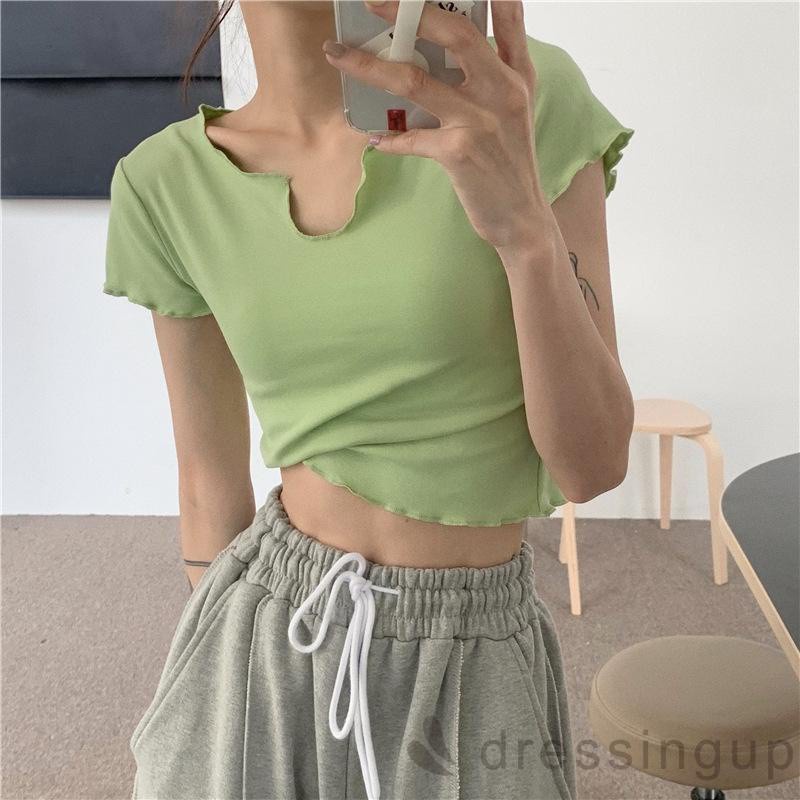 Áo Croptop Tay Ngắn Cổ Chữ V Màu Trơn Đơn Giản Phong Cách Croptop Màu Đen / Xanh Lá / Hồng / Trắng Cho Nữ