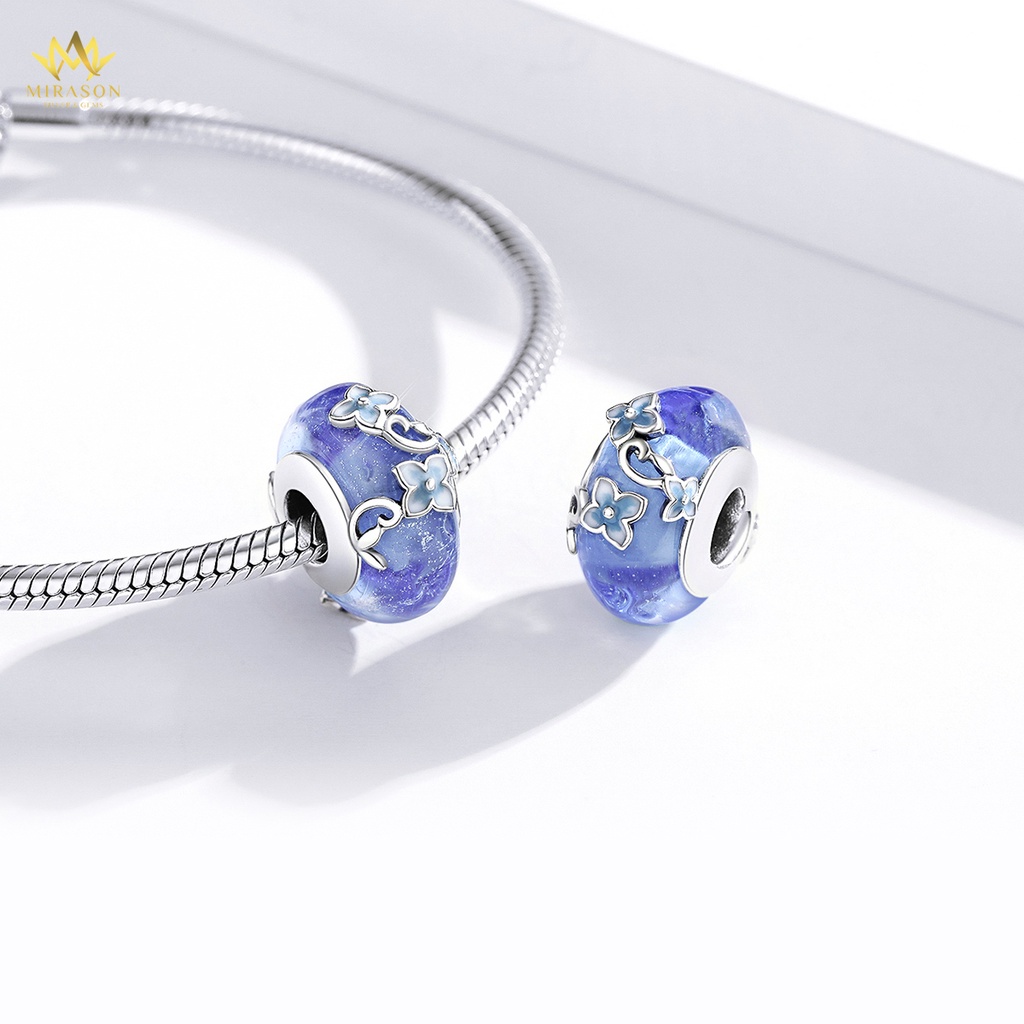 Charm Bạc 925 MIRASON Tròn Đá Xanh Mix Hoa Lá MCH008