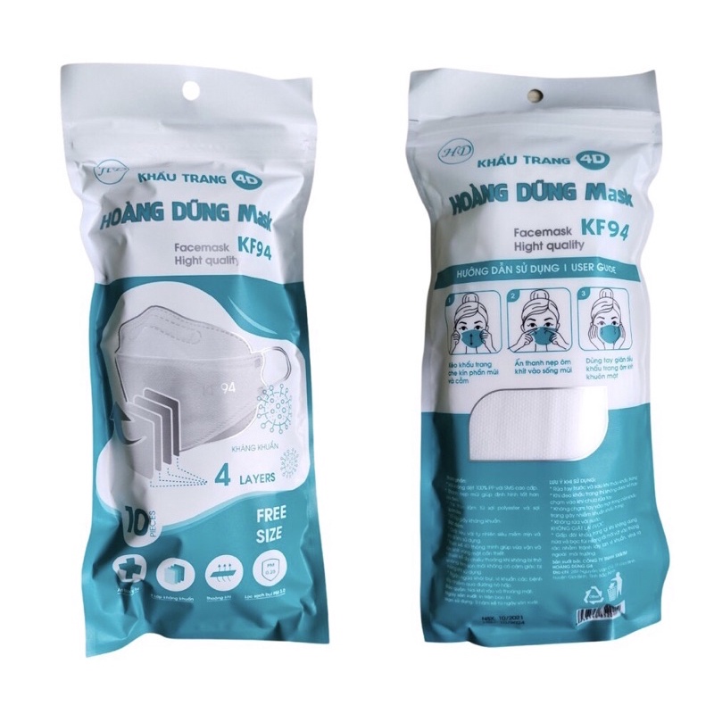 Khẩu trang kf94 Hoàng Dũng,đủ 4 lớp chuẩn y tế,thiết kế ôm sát mặt,chống nắng,tia uv,có phân loại em bé.Combo 100 cái.