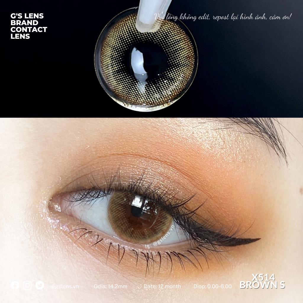 Lens Mắt Kính Áp Tròng Nâu Rêu X514 Brown Giãn Ít Có Từ 0 Đến 6 Độ Lệch Độ Size S 14.2mm