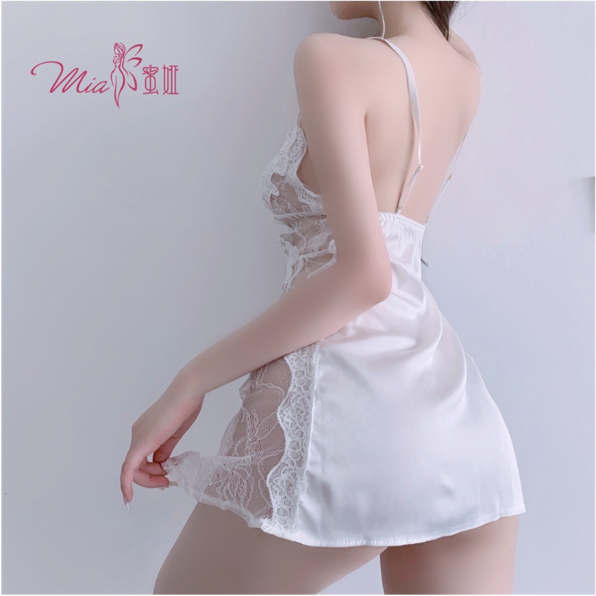 Váy ngủ lụa satin sexy phối ren gợi cảm, Đầm ngủ nữ mặc nhà xuyên thấu quyến rũ