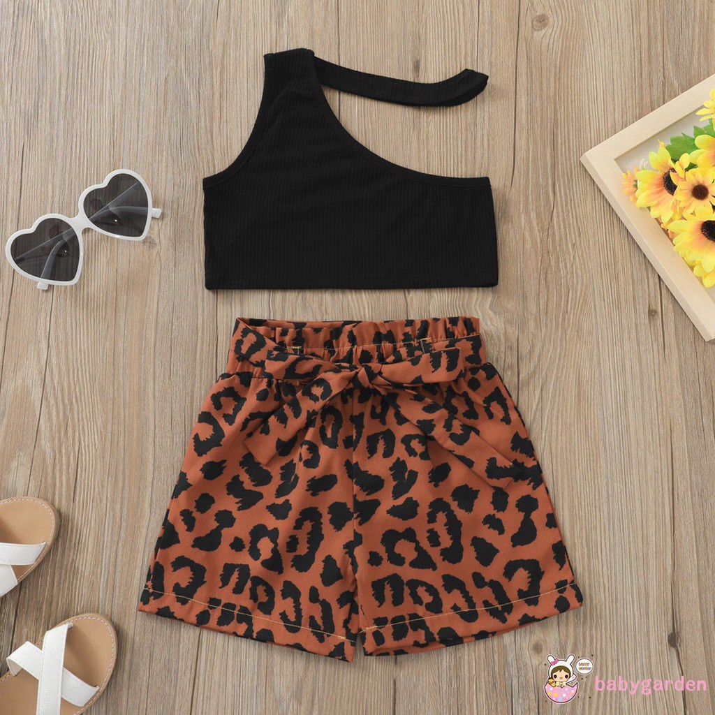 Babygarden Bộ Áo Hai Dây + Quần Short Họa Tiết Da Báo Màu Trơn Thời Trang Cho Bé Gái
