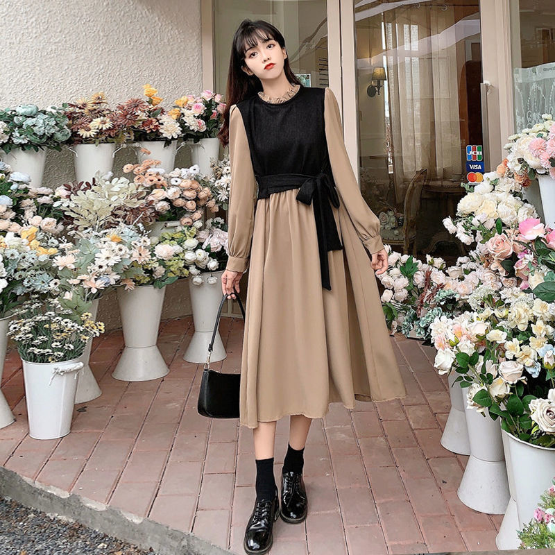 [LININ] Đầm Dài Tay Lửng Giả Hai Mảnh Phong Cách Retro Thời Trang Thu Đông Kiểu Mới Kích Thước Lớn Phong Cách Pháp Dành Cho Bạn Nữ Tem