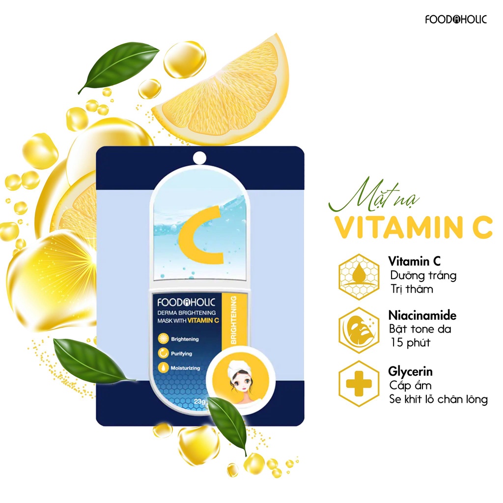 Combo 10 mặt Nạ tinh chất Vitamin C Dưỡng Trắng, mờ Thâm Foodaholic Derma Brightening Mask With VITAMIN C 23gx10