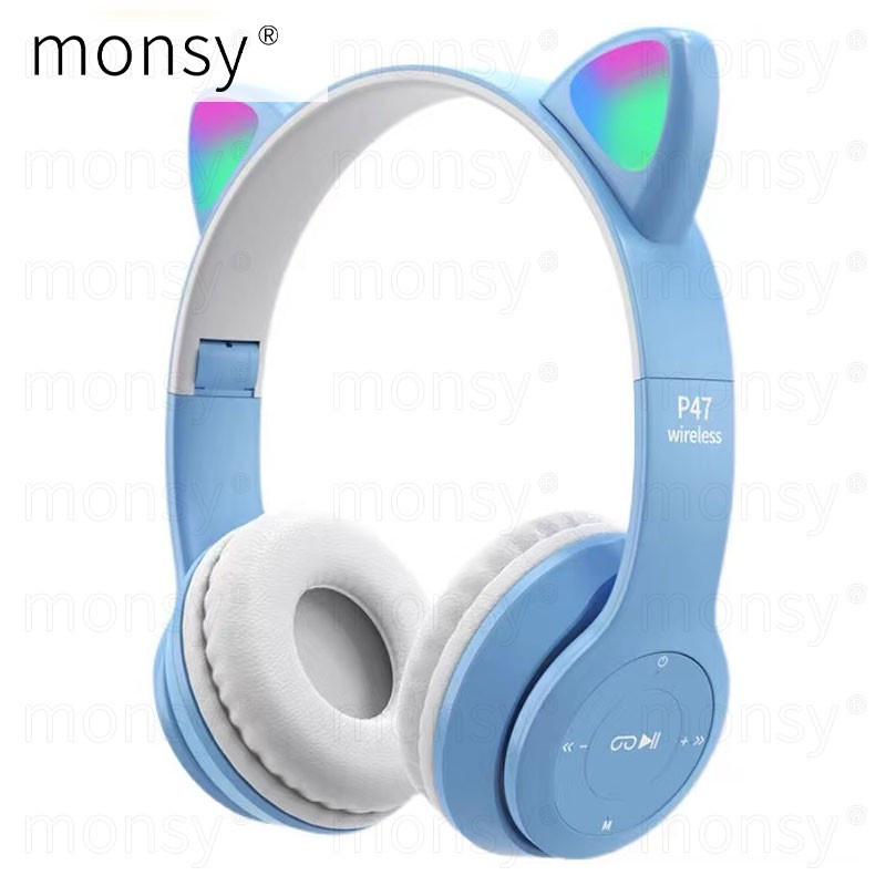 Tai Nghe Bluetooth Không Dây P47M Hình Tai Mèo Có Đèn LED