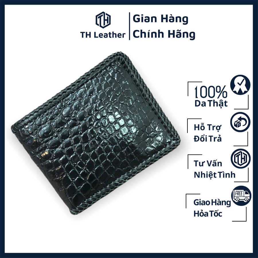 Ví Da Cá Sấu Khâu Viền 1 Mặt, Bóp Nam Da Bụng Cá Sấu Đan Viền Handmade Màu Đen, Ví Nam Da Cá Sấu Cao Cấp - BH 24 tháng