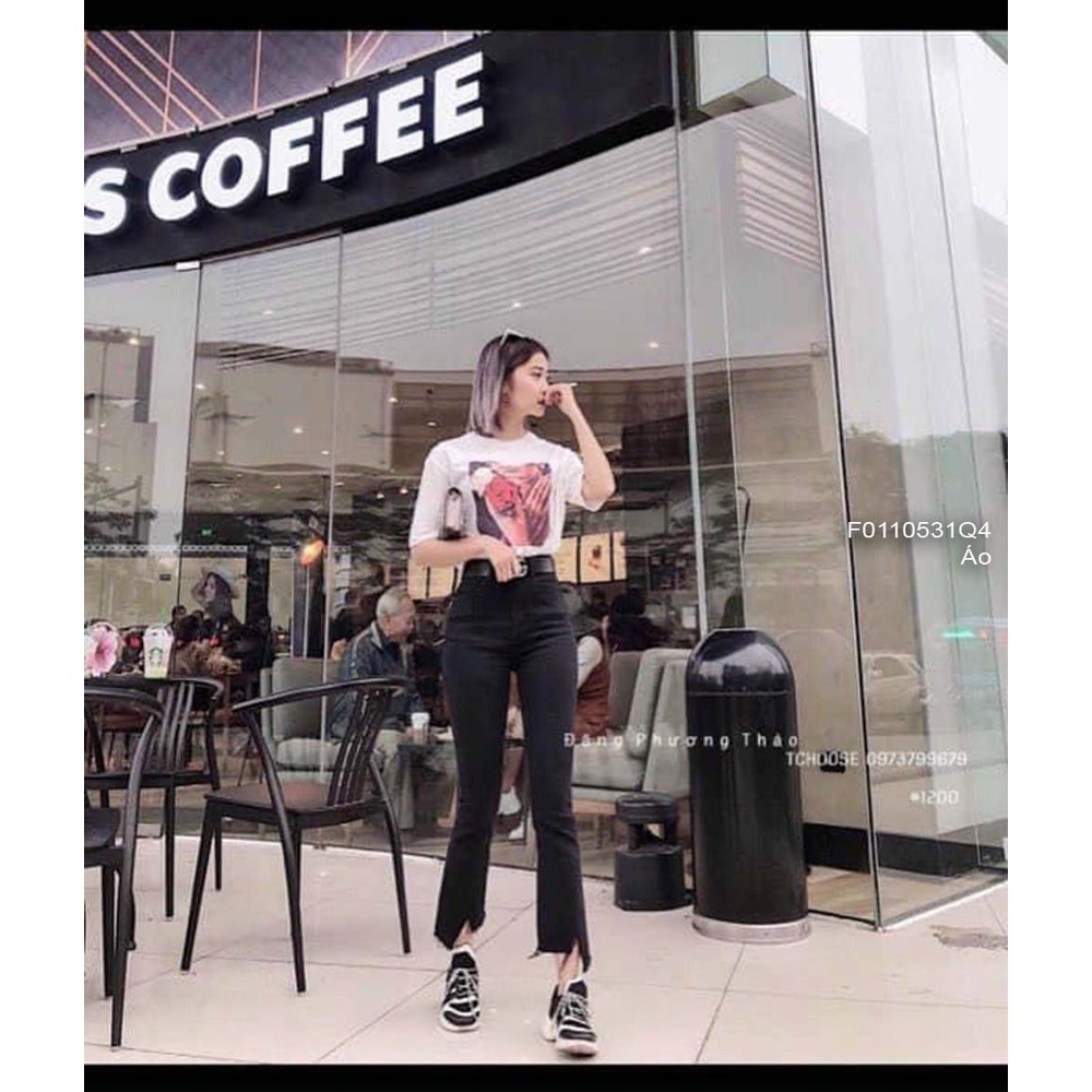 Quần jean đen dài ống pass lai cắt kiểu lưng cao hàng đẹp tôn dáng!