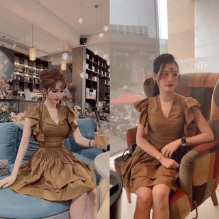 Váy tầng nâu xếp ly eo