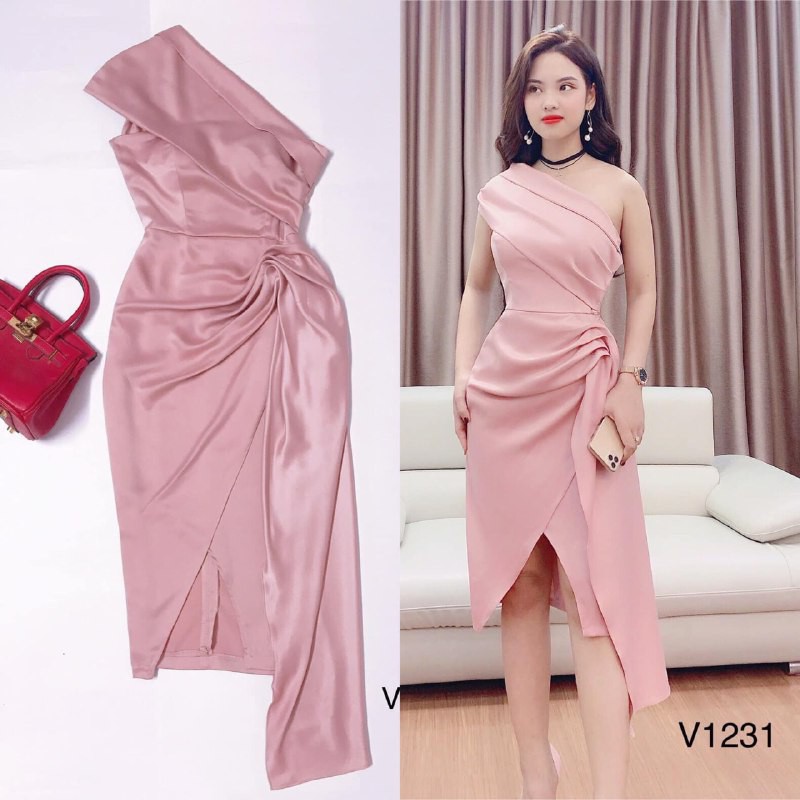 [ xả kho ] MiD Đầm xẻ tà lệch màu hồng bánh bèo V1231 Mie Design kèm ảnh thật