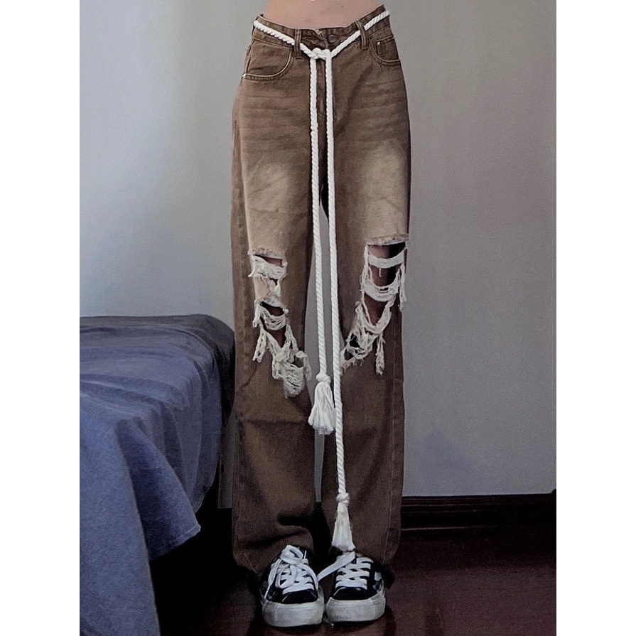 Jiashucheng Quần Jean Nữ Lưng Cao Dáng Rộng Rách Gối Cá Tính