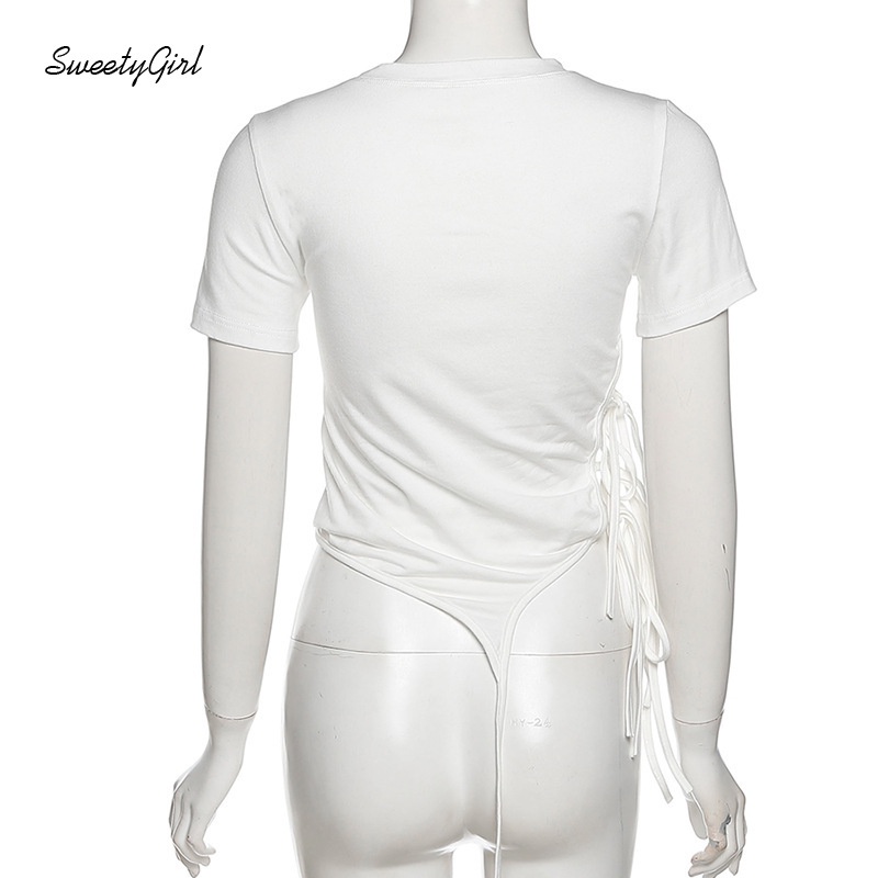 Áo Croptop Cổ Tròn Tay Ngắn Dáng Ôm Phối Dây Rút In Họa Tiết Thời Trang Cho Nữ 2022