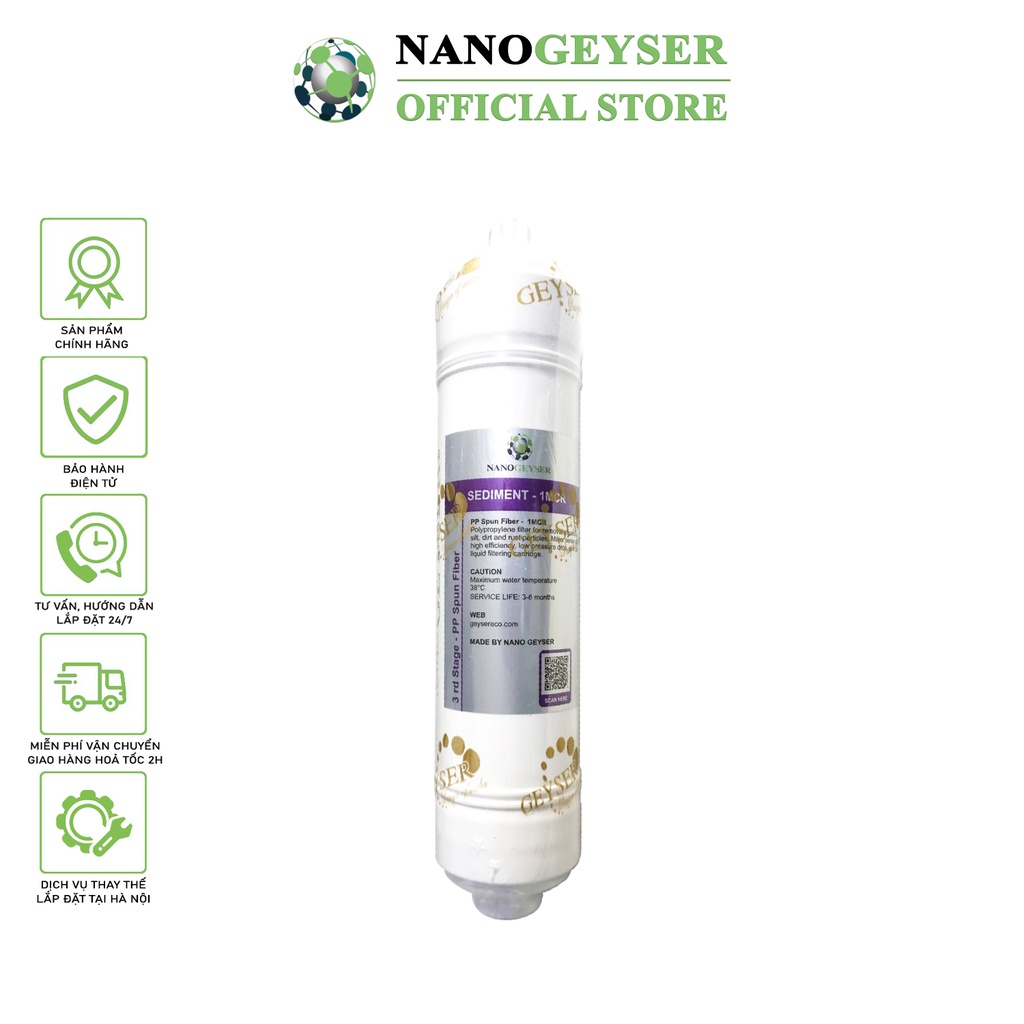 Lõi đúc Sediment 1 Micron Nano Geyser, Lõi lọc nước số 3 máy RO lõi đúc, Dùng cho máy lọc nước RO lõi đúc, Karofi, Slim