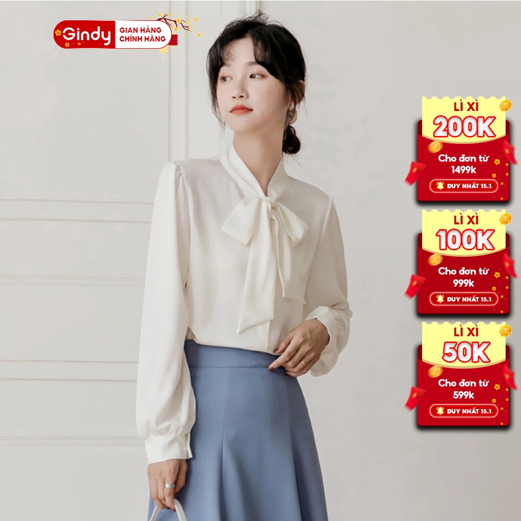 Áo sơ mi nữ lụa ngọc trai GINDY cổ thắt nơ tay dài dáng basic sang chảnh thời trang thu đông, công sở A10112 - Hàng mới