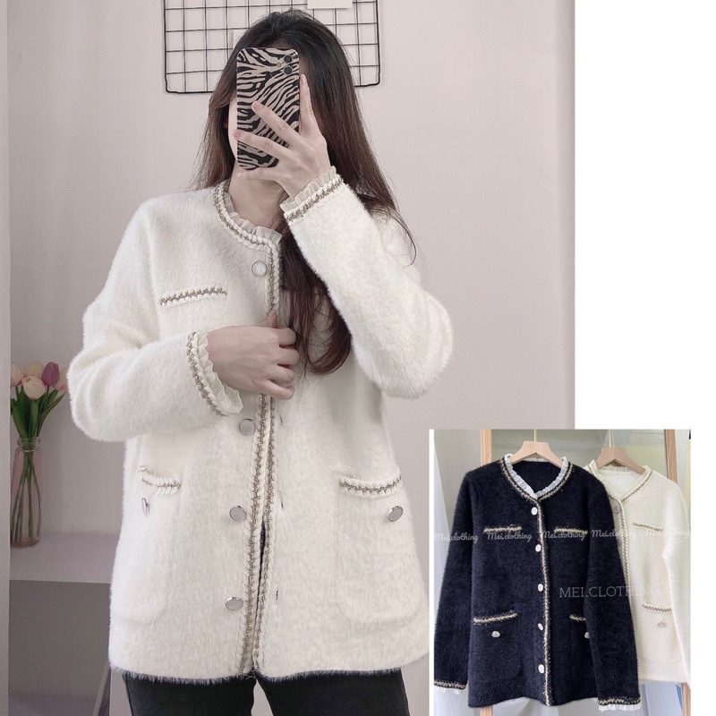 Áo Khoác Cardigan Lông Thỏ Bèo Viền Tiểu Thư (Ảnh Shop tự chụp)