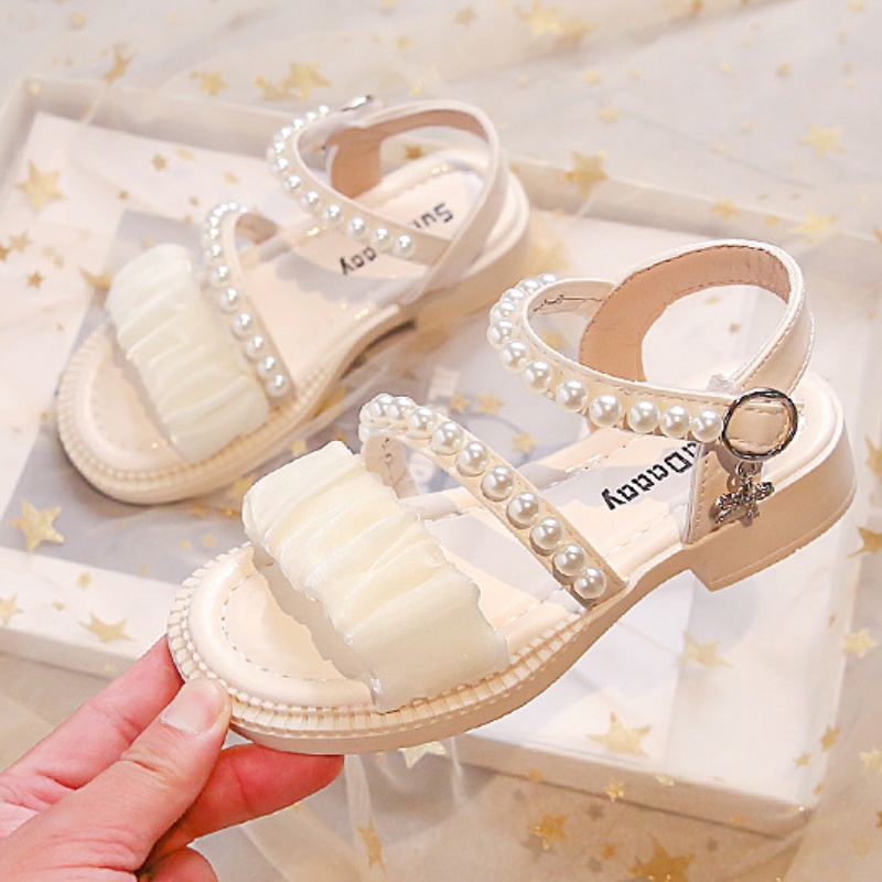 Giày Sandal Công Chúa Đế Mềm Đính Ngọc Trai Thời Trang Mùa Hè Phong Cách Hàn Quốc Cho Bé Gái