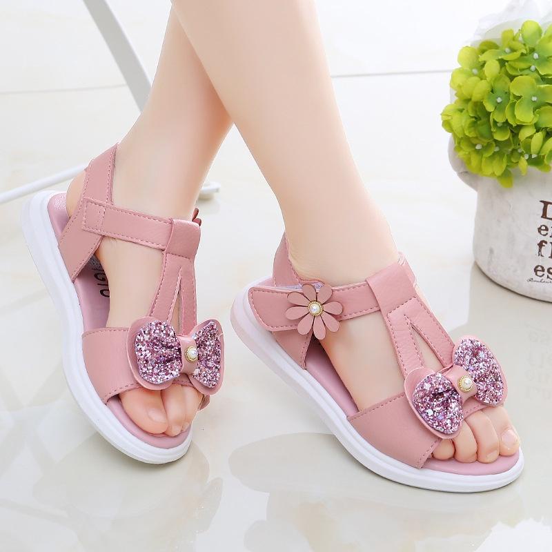 Dép sandal bé gái công chúa cao cấp quai ngang gắn nơ nhũ cho trẻ em đi học 3-13 tuổi [SDG05]