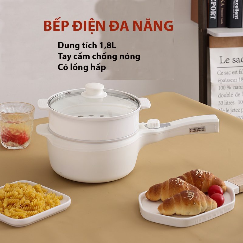 Nồi điện đa năng SHANGHOU mini chống dính có tay cầm - Bếp điện 2 tầng dùng để nấu, hấp, chiên, xào - Công suất 600W