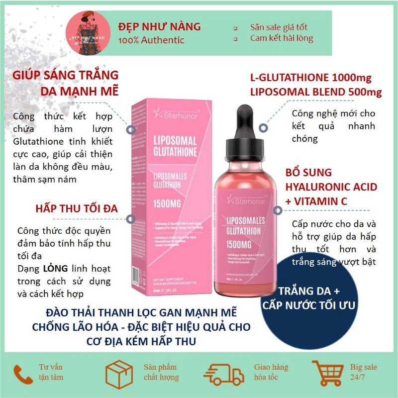 Tinh chất Liposomal Glutathione 1500mg Trắng Da Chống Lão Hóa Starhonor