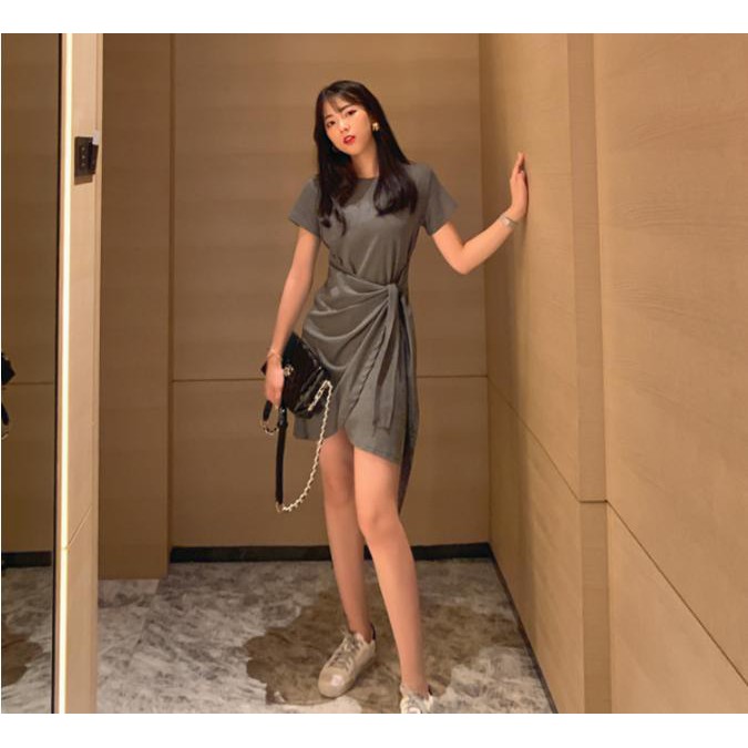 Váy liền cotton buộc nơ eo phong cách Hàn Quốc