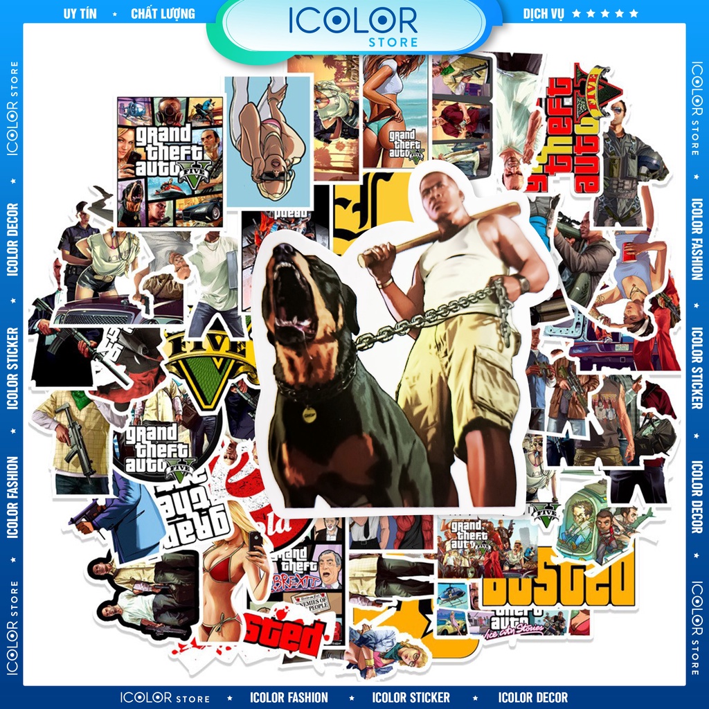 [50 STICKER GTA 5] Sticker dán hoạt hình nhiều mẫu chống nước, dán mũ bảo hiểm vali laptop 066