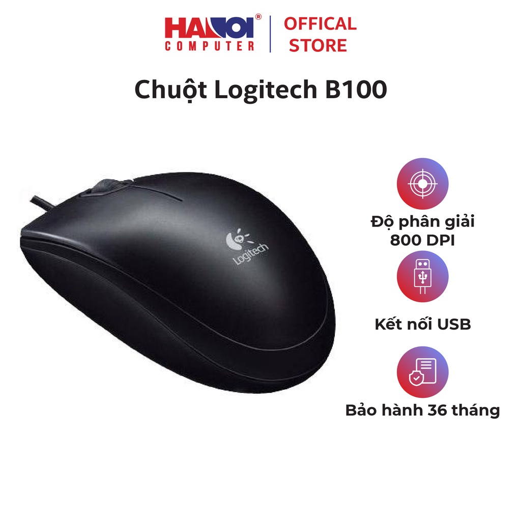 Chuột Logitech B100 Black, có dây kết nối USB, độ phân giải 800dp