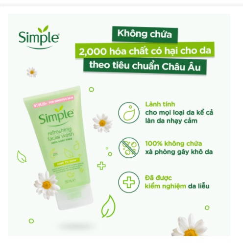 Sữa rửa mặt Simple giúp da sạch thoáng Refreshing Facial Wash Simple không chứa xà phòng 150ml - Hoa Ban Cosmetic