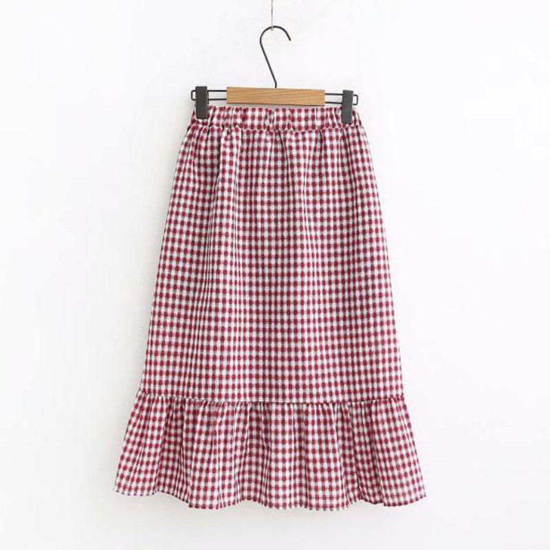 Women Vintage Literary Style Elastic High Waist Thin Ruffled Irregular Plaid Print Wild Skirt