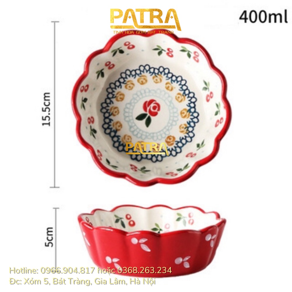 Bát sứ tròn miệng lượn hoạ tiết cherry phong cách Bắc Âu, bát đĩa Cherry hoa hồng cao cấp