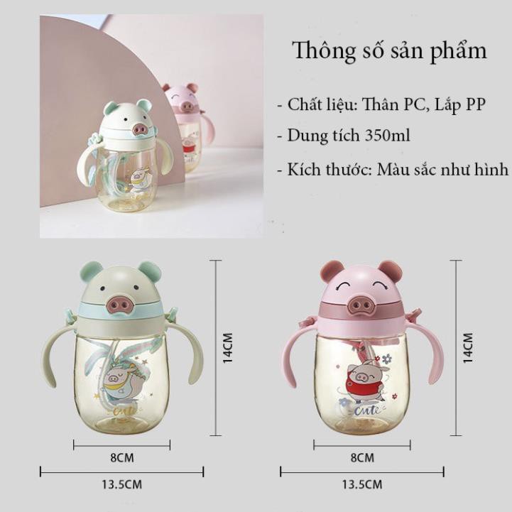 Bình tập uống nước cho bé chống sặc an toàn, Bình nươc có ống hút cho em bé hình con heo 350ml- Babibo Shop