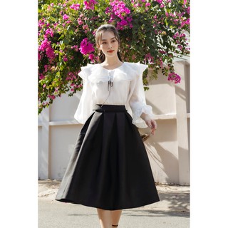 Chân váy taffeta xòe đen/kem -HBZ335