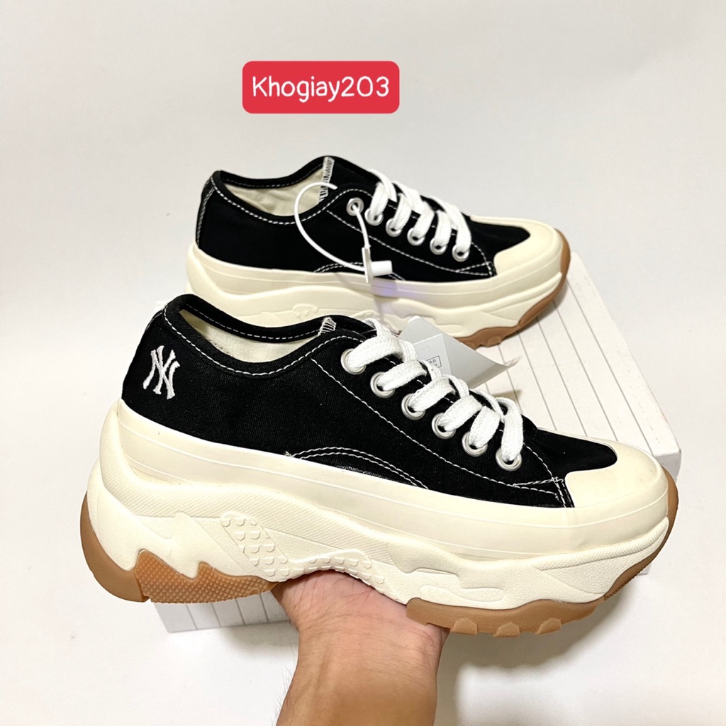 Giày MLB chunky NY vải đen canvas thấp cổ giày MIB NY đế nâu đen cổ thấp mới